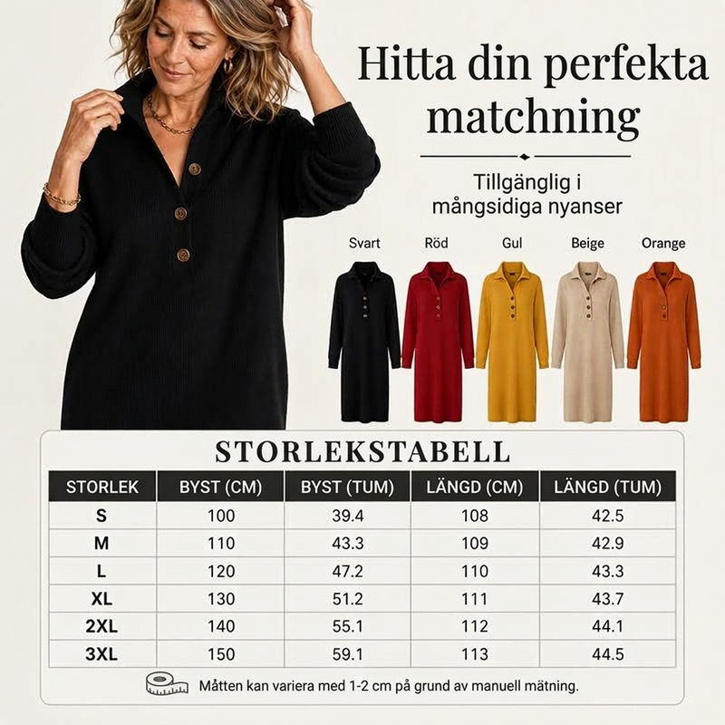 Ribbstickad Midiklänning Dam med Polokrage och Knappslå – Mjuk, Icke-Kliande Kvalitet