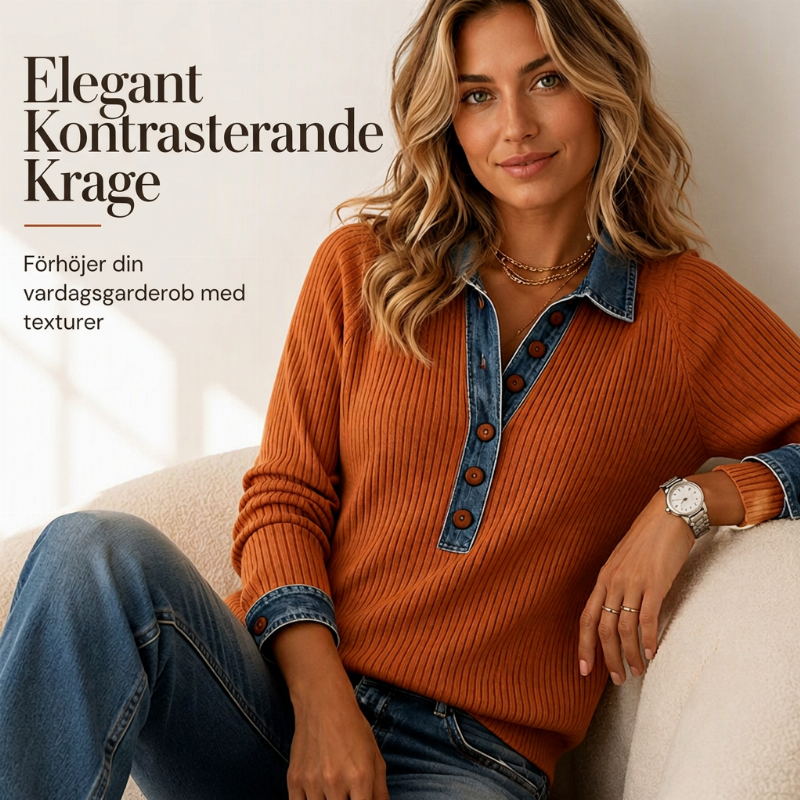Ribbstickad Topp Dam med Jeanskrage – Kontrastdetaljer och Ledig Passform