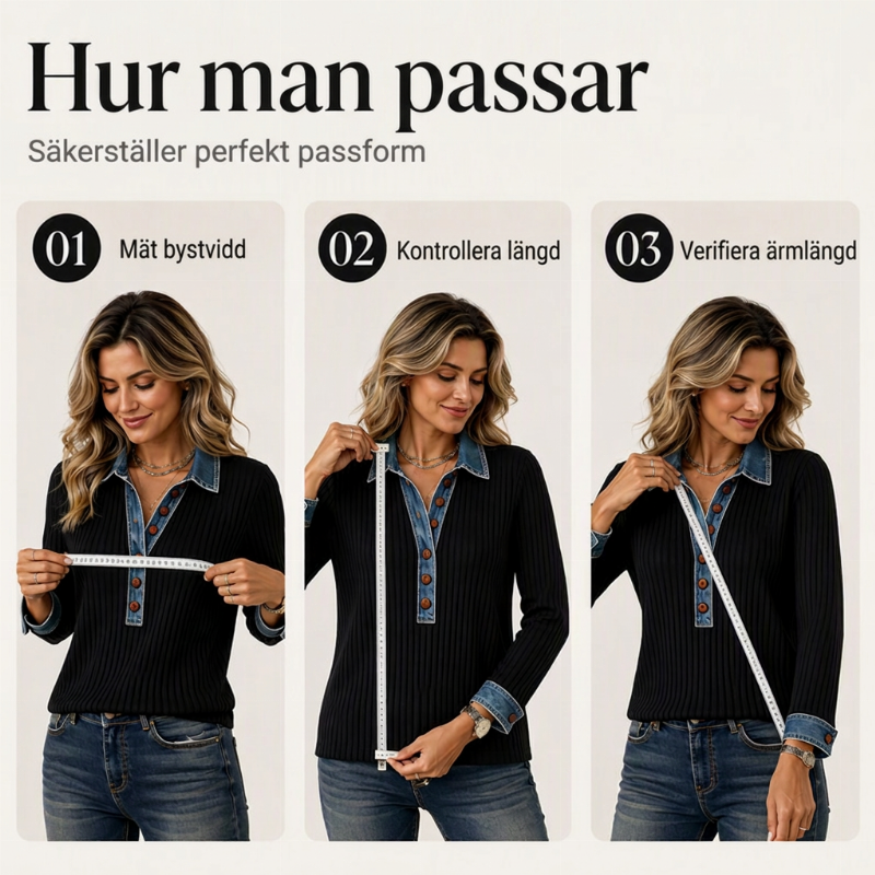 Ribbstickad Topp Dam med Jeanskrage – Kontrastdetaljer och Ledig Passform