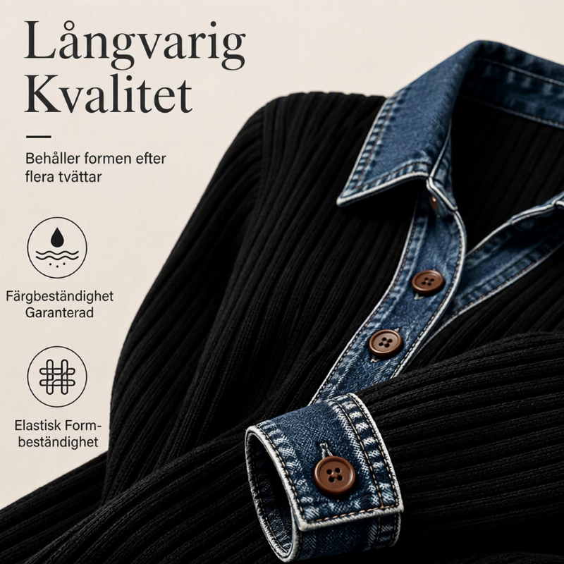 Ribbstickad Topp Dam med Jeanskrage – Kontrastdetaljer och Ledig Passform