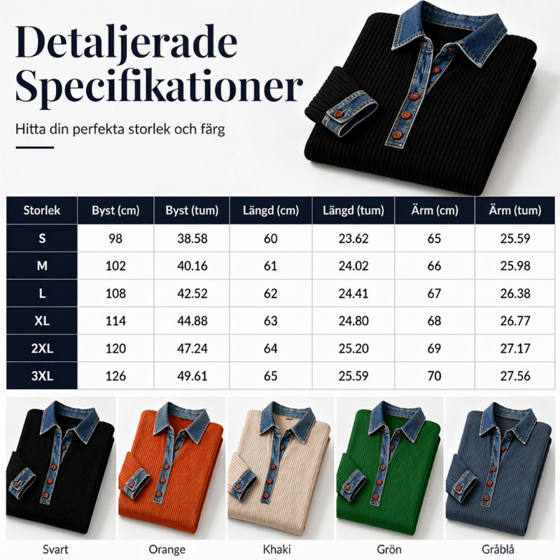 Ribbstickad Topp Dam med Jeanskrage – Kontrastdetaljer och Ledig Passform