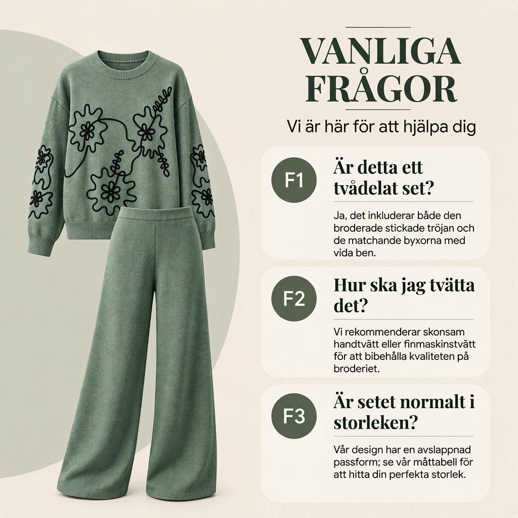 Stickat Set Dam med Rundhalsad Tröja och Vida Byxor – Blommigt Broderi