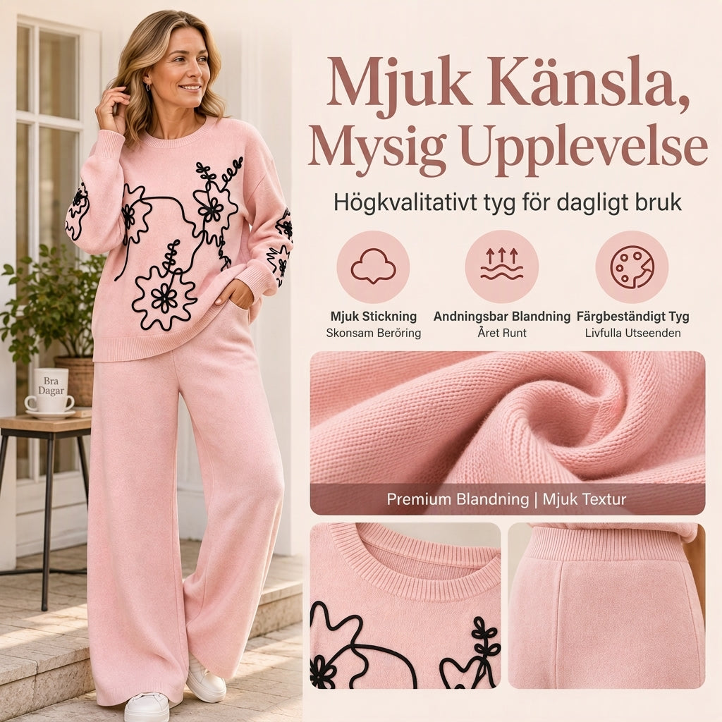 Stickat Set Dam med Rundhalsad Tröja och Vida Byxor – Blommigt Broderi