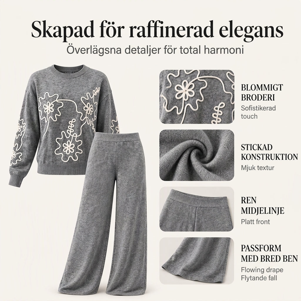 Stickat Set Dam med Rundhalsad Tröja och Vida Byxor – Blommigt Broderi