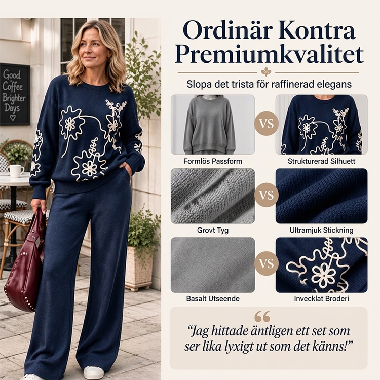 Stickat Set Dam med Rundhalsad Tröja och Vida Byxor – Blommigt Broderi