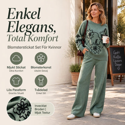 Stickat Set Dam med Rundhalsad Tröja och Vida Byxor – Blommigt Broderi