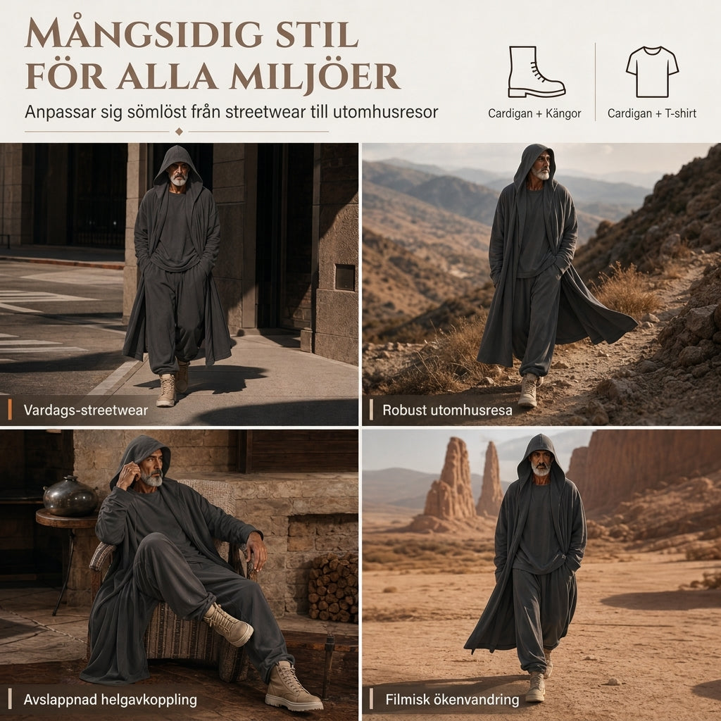 Draperat 3-delat herrset med lång huvmantel och långbyxor