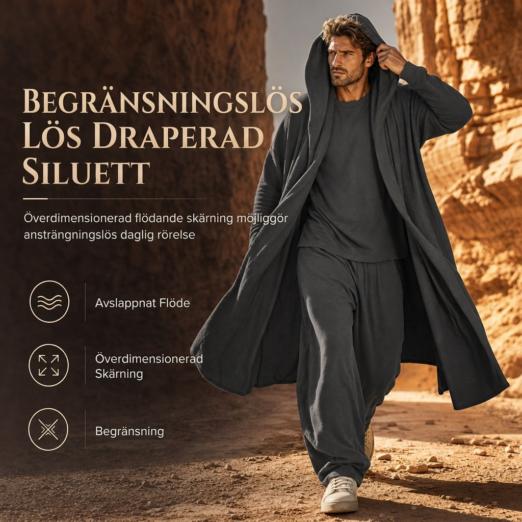 Draperat 3-delat herrset med lång huvmantel och långbyxor