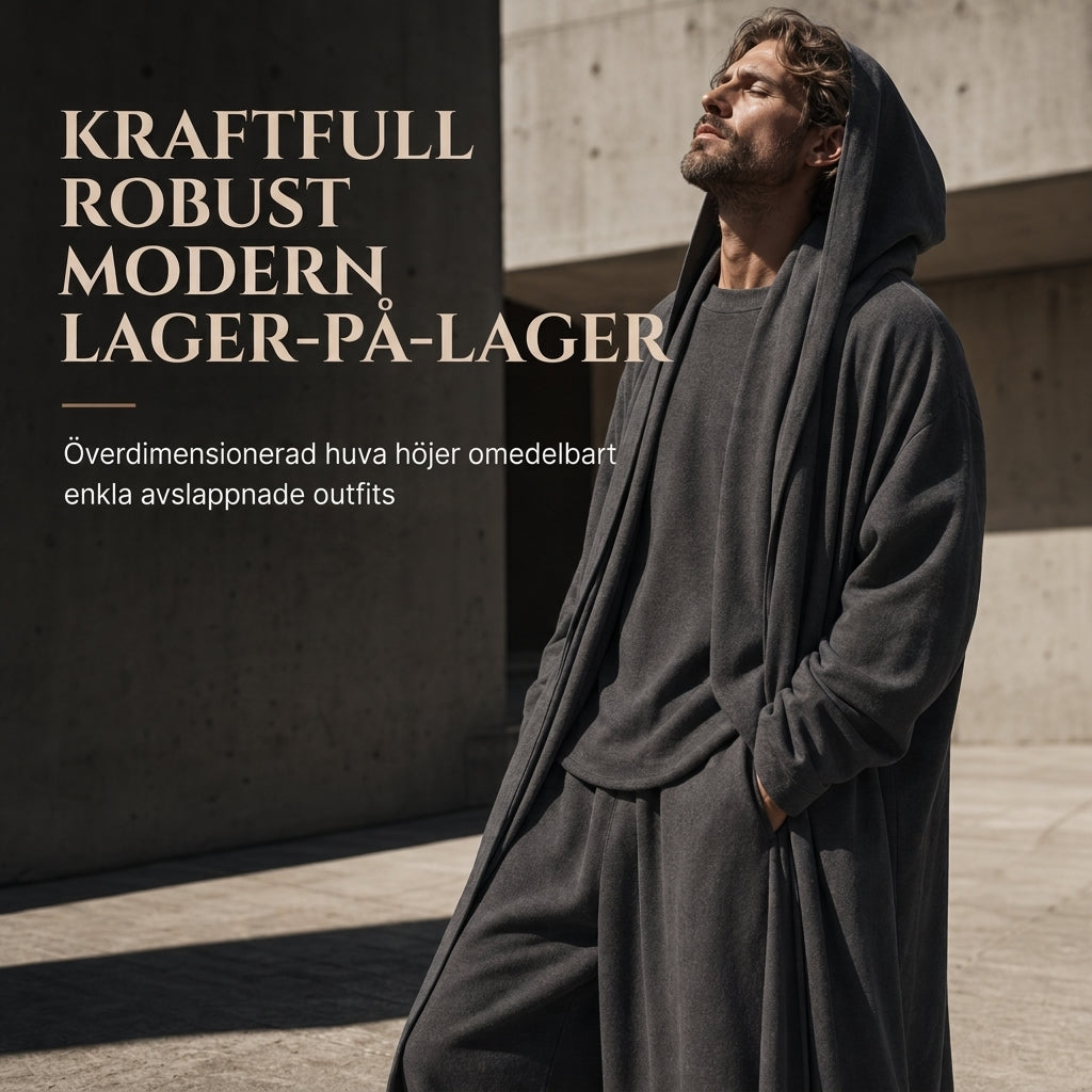 Draperat 3-delat herrset med lång huvmantel och långbyxor