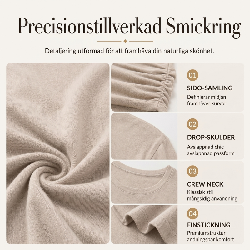 Stickad Tröja Dam med Rund Hals och Rynkade Sidodetaljer