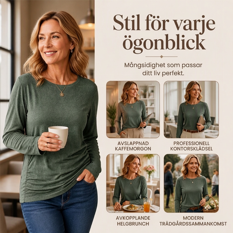 Stickad Tröja Dam med Rund Hals och Rynkade Sidodetaljer