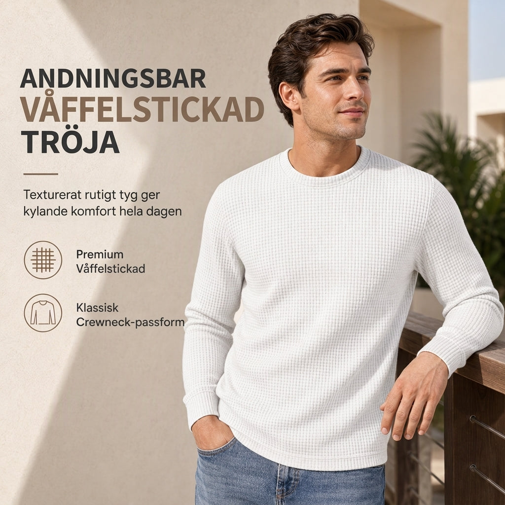 🧶 Våffelstickad herrtröja med rund hals och smal passform✨