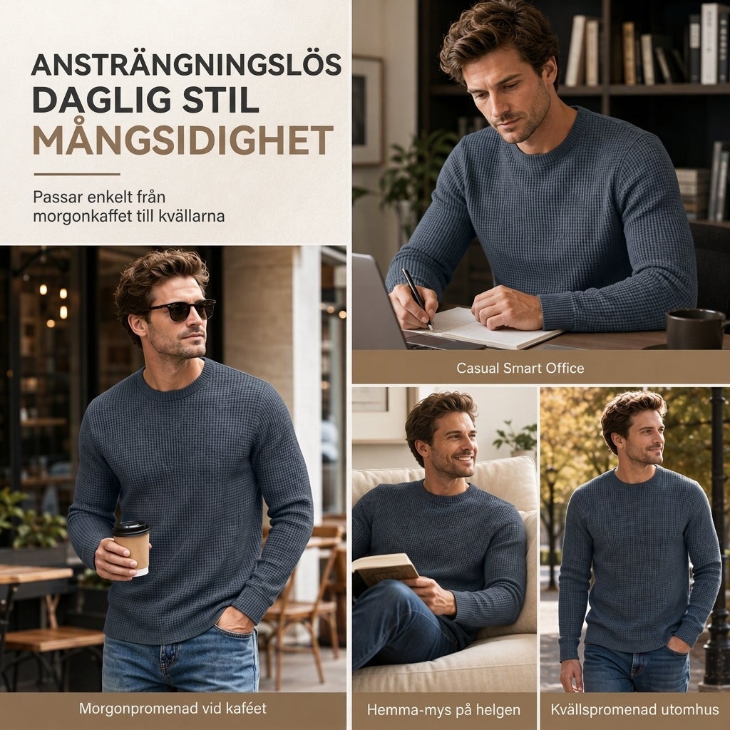 🧶 Våffelstickad herrtröja med rund hals och smal passform✨