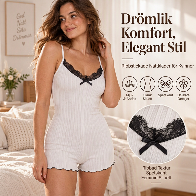 Ribbad pyjamasdräkt för dam med spetsdetaljer – kort modell