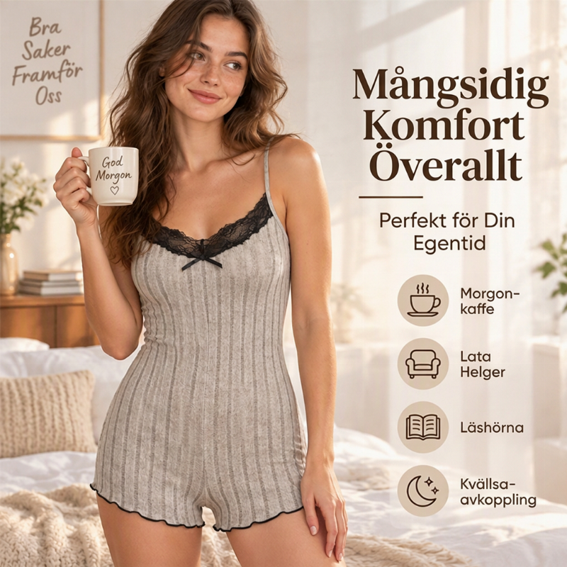 Ribbad pyjamasdräkt för dam med spetsdetaljer – kort modell