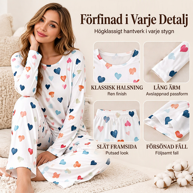 ✨Nyhet! Pyjamas-set för dam med hjärtmönster – långärmad tröja och långa byxor