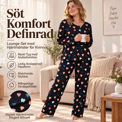 ✨Nyhet! Pyjamas-set för dam med hjärtmönster – långärmad tröja och långa byxor