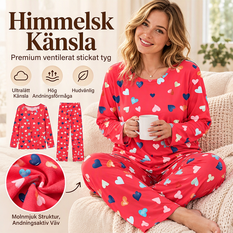✨Nyhet! Pyjamas-set för dam med hjärtmönster – långärmad tröja och långa byxor