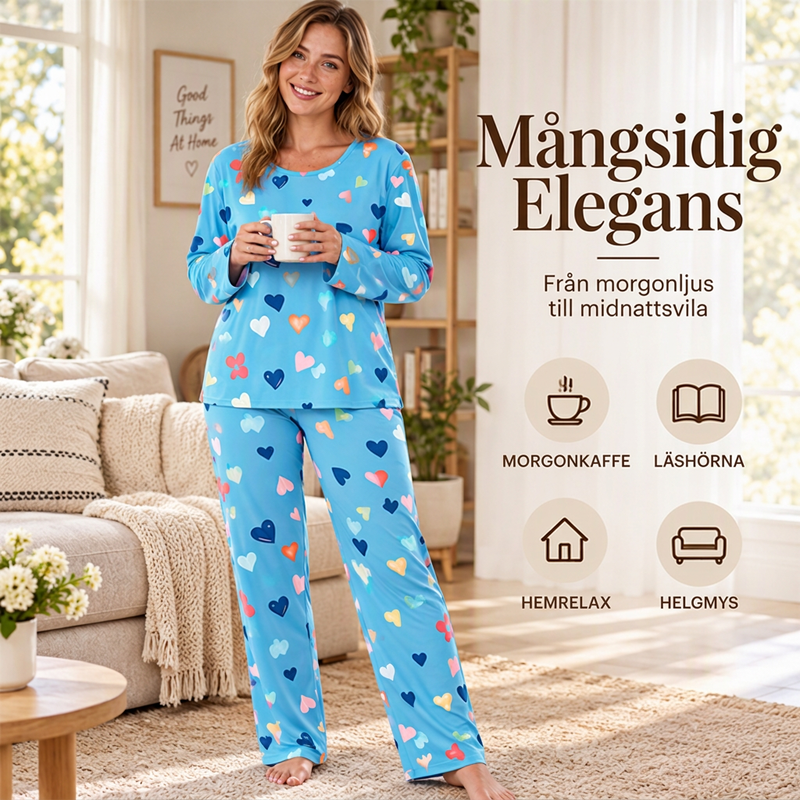 ✨Nyhet! Pyjamas-set för dam med hjärtmönster – långärmad tröja och långa byxor