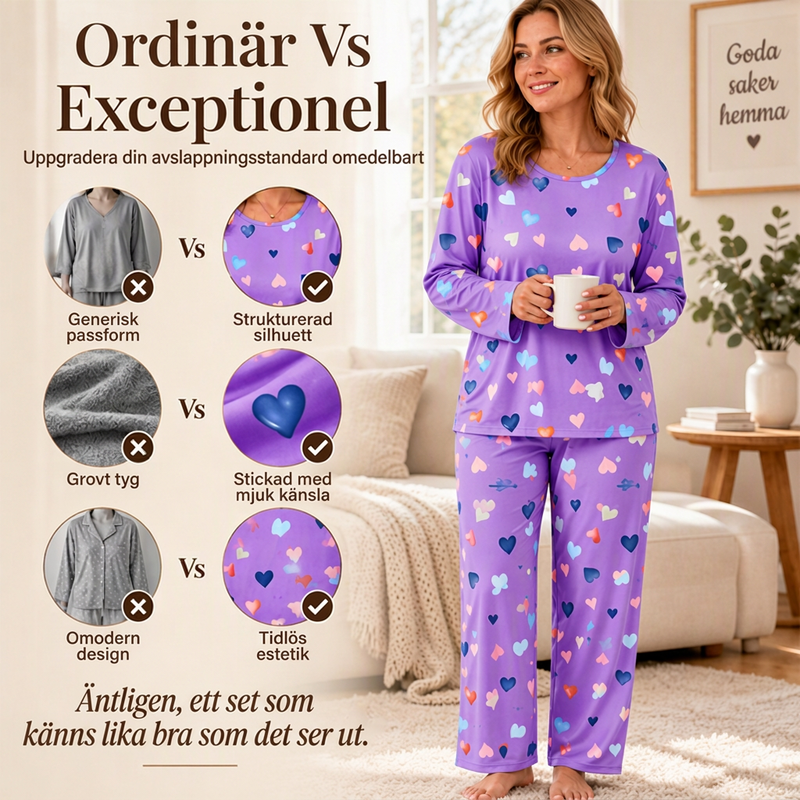 ✨Nyhet! Pyjamas-set för dam med hjärtmönster – långärmad tröja och långa byxor