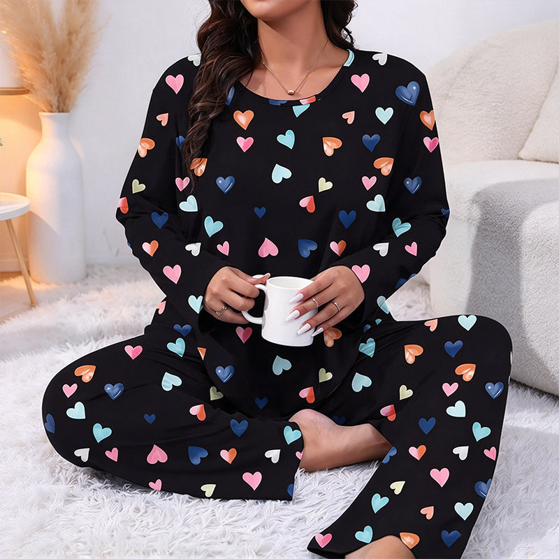 ✨Nyhet! Pyjamas-set för dam med hjärtmönster – långärmad tröja och långa byxor