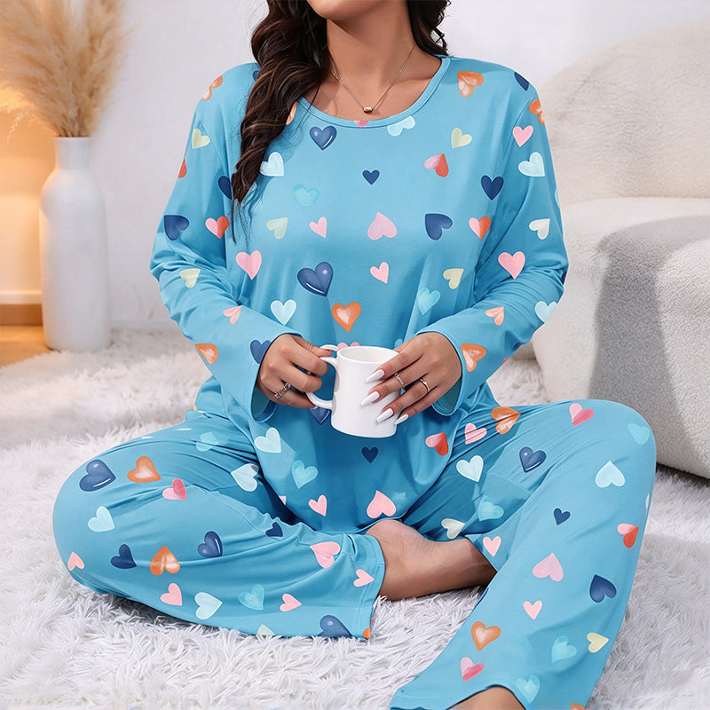 ✨Nyhet! Pyjamas-set för dam med hjärtmönster – långärmad tröja och långa byxor