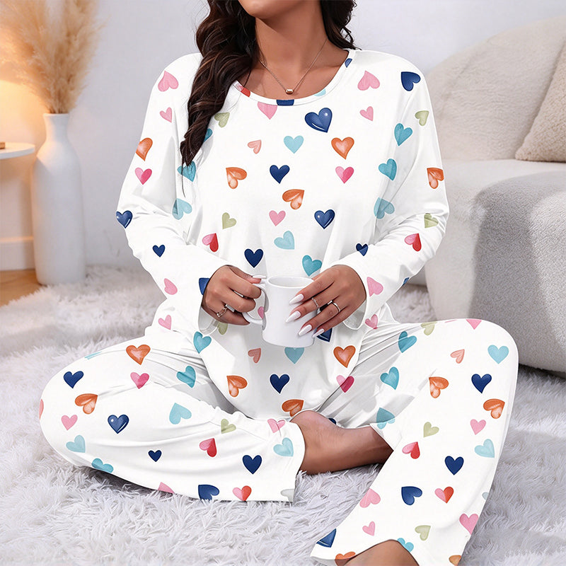 ✨Nyhet! Pyjamas-set för dam med hjärtmönster – långärmad tröja och långa byxor