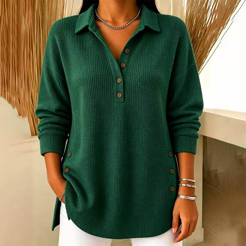 🧶✨Våffelstickad topp för dam med krage och knappar – långärmad