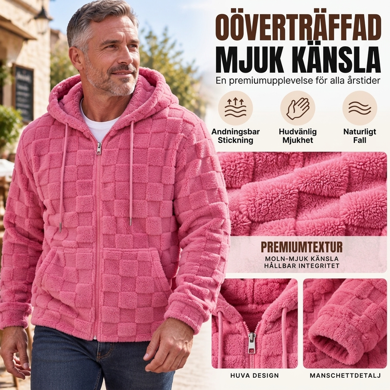 Teddyjacka herr med huva, dragkedja och rutstruktur