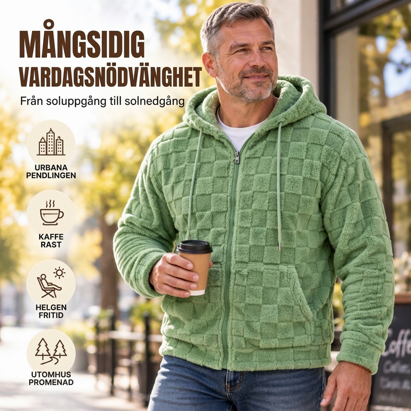 Teddyjacka herr med huva, dragkedja och rutstruktur