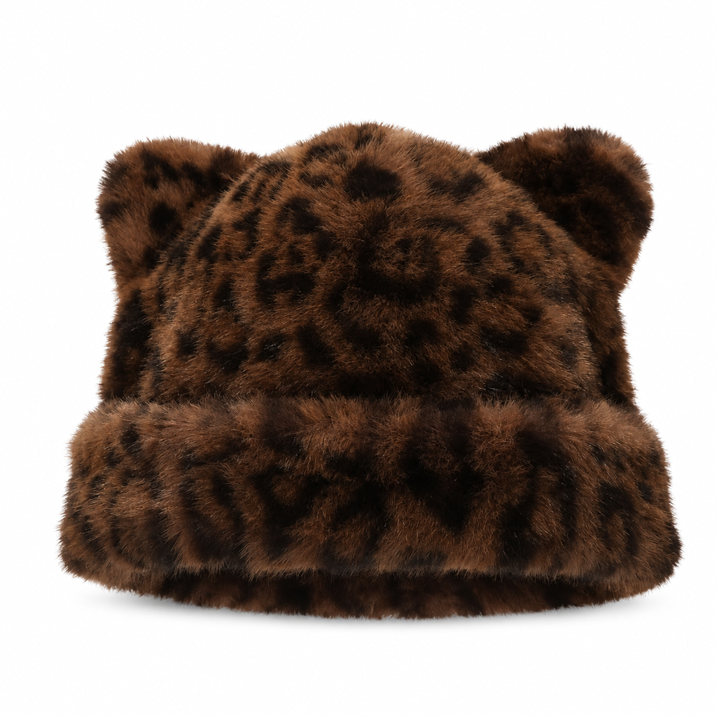 🐱🧢Fluffig mössa i fuskpäls med björnöron och uppvikt kant