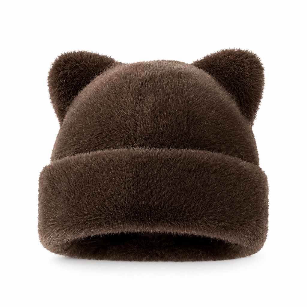 🐱🧢Fluffig mössa i fuskpäls med björnöron och uppvikt kant