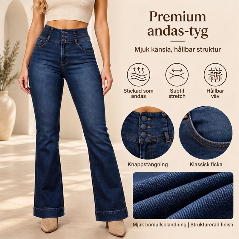 50 % Rabatt👖 Elastiska jeans med hög midja och utsvängda ben för damer – mjuka, bekväma och mångsidiga, perfekta för vardag och höst, nu till halva priset! ✨