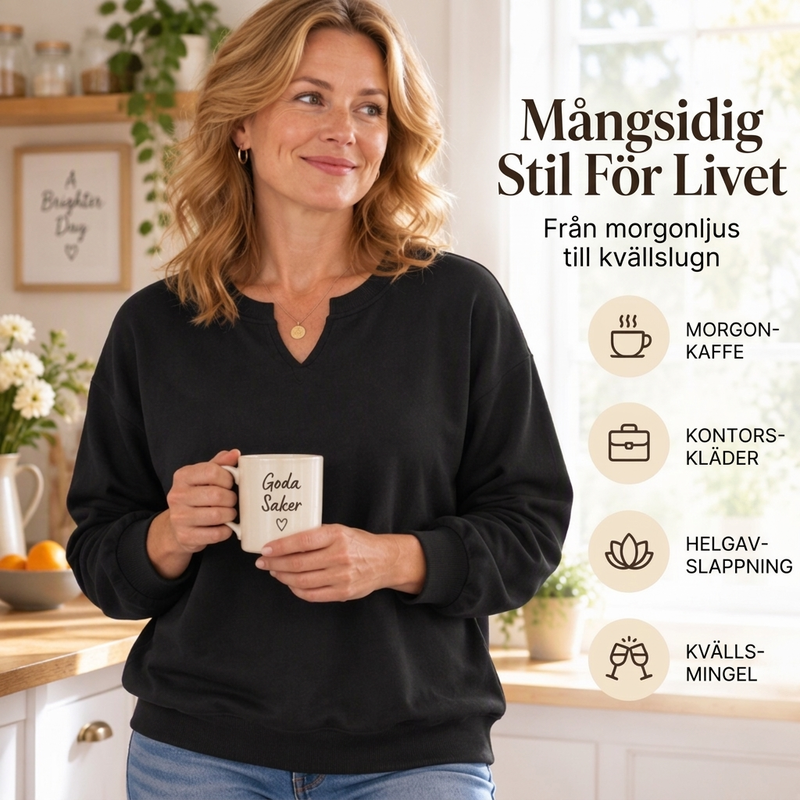 Sweatshirt dam med V-skuren halsringning och ribbade muddar