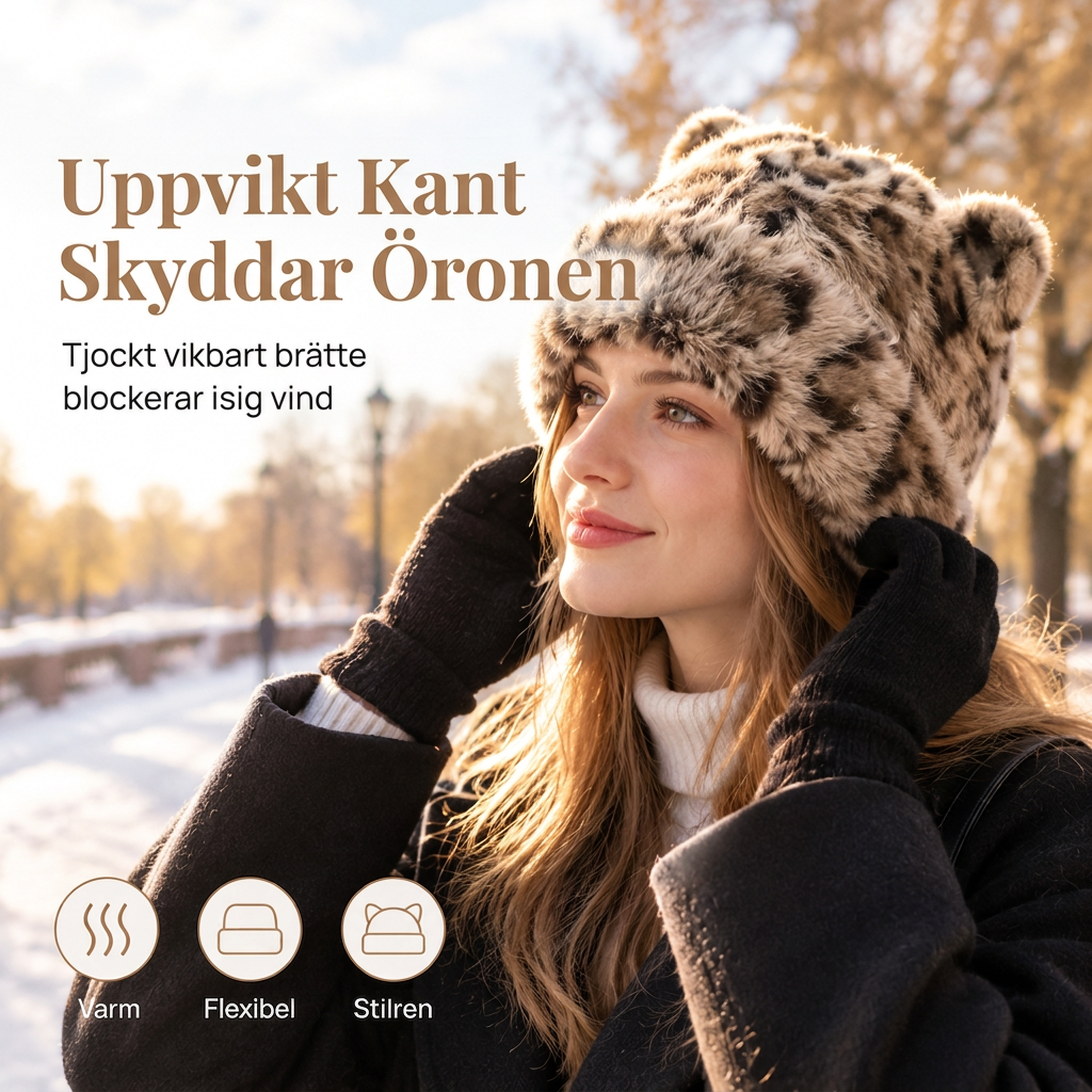 🐱🧢Fluffig mössa i fuskpäls med björnöron och uppvikt kant