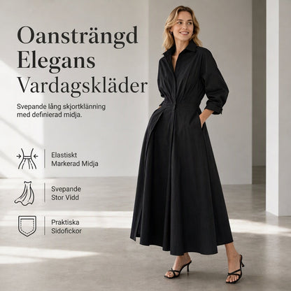 ⏰️Tidsbegränsat erbjudande ✨Lång skjortklänning med draperad midja, vid kjol och fickor