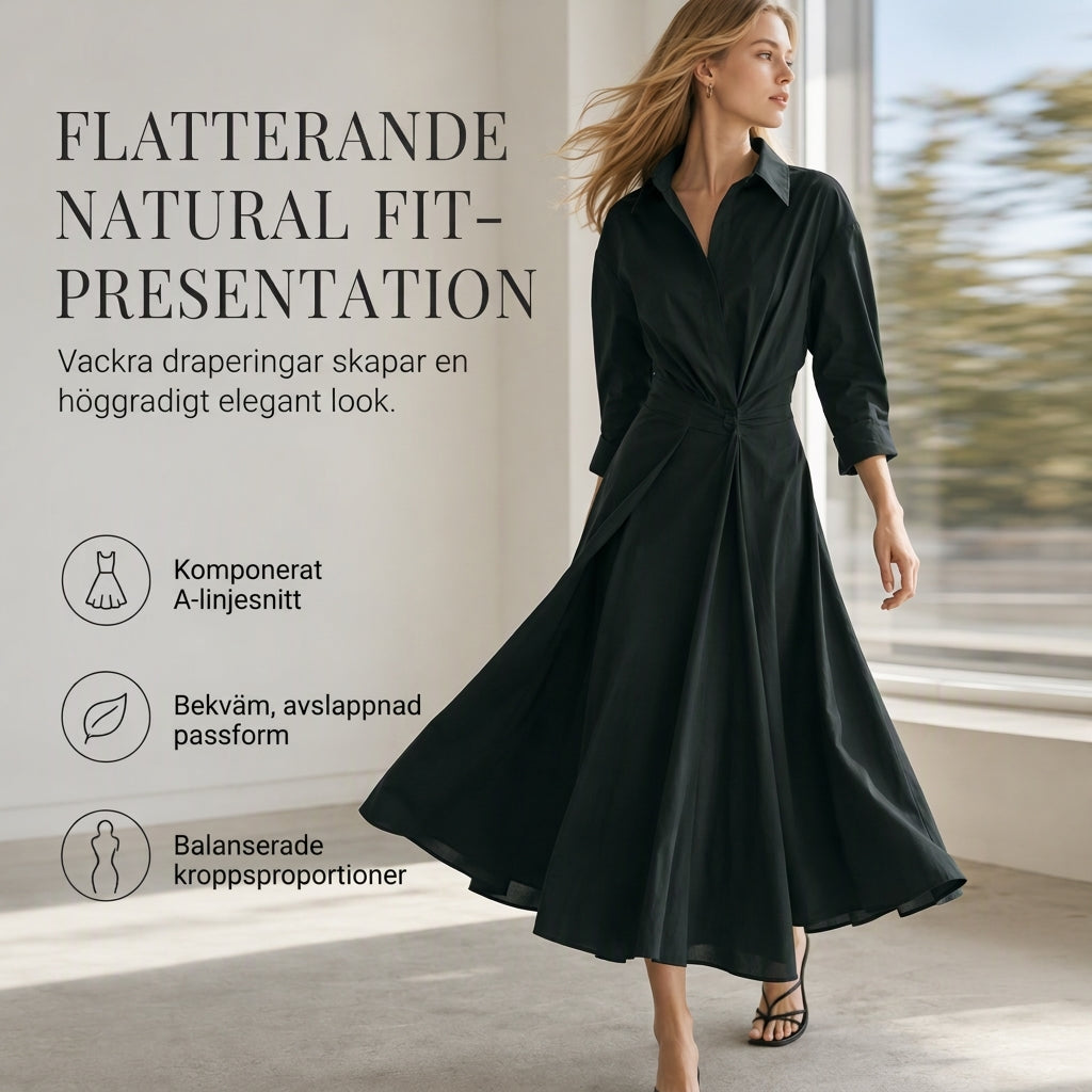 ⏰️Tidsbegränsat erbjudande ✨Lång skjortklänning med draperad midja, vid kjol och fickor