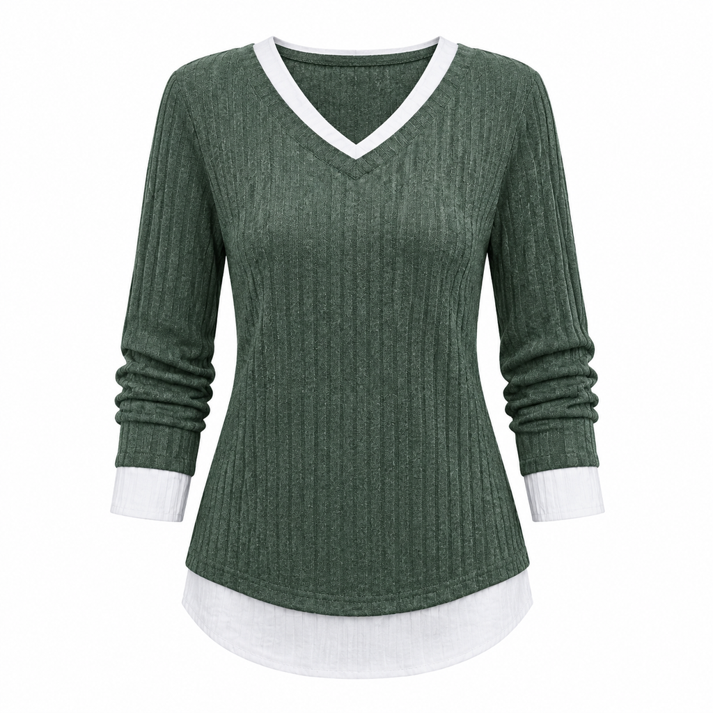 👚 Faux tvådelad lagerstickad stickad topp – avslappnad pullovertopp, mjuk och bekväm, perfekt för vardag och höst! ✨