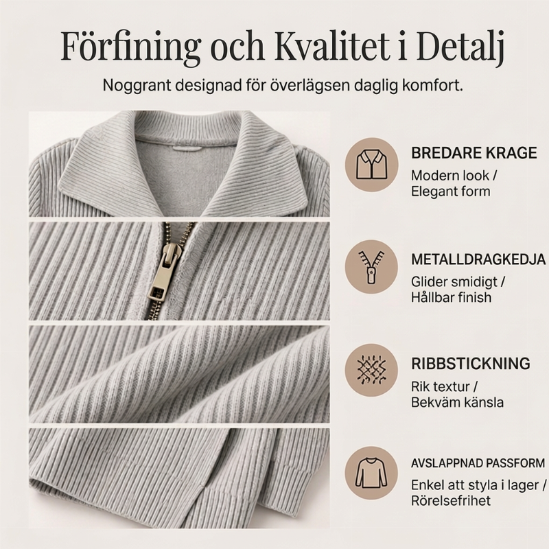 Ribbstickad kofta dam med asymmetrisk dragkedja och bred krage