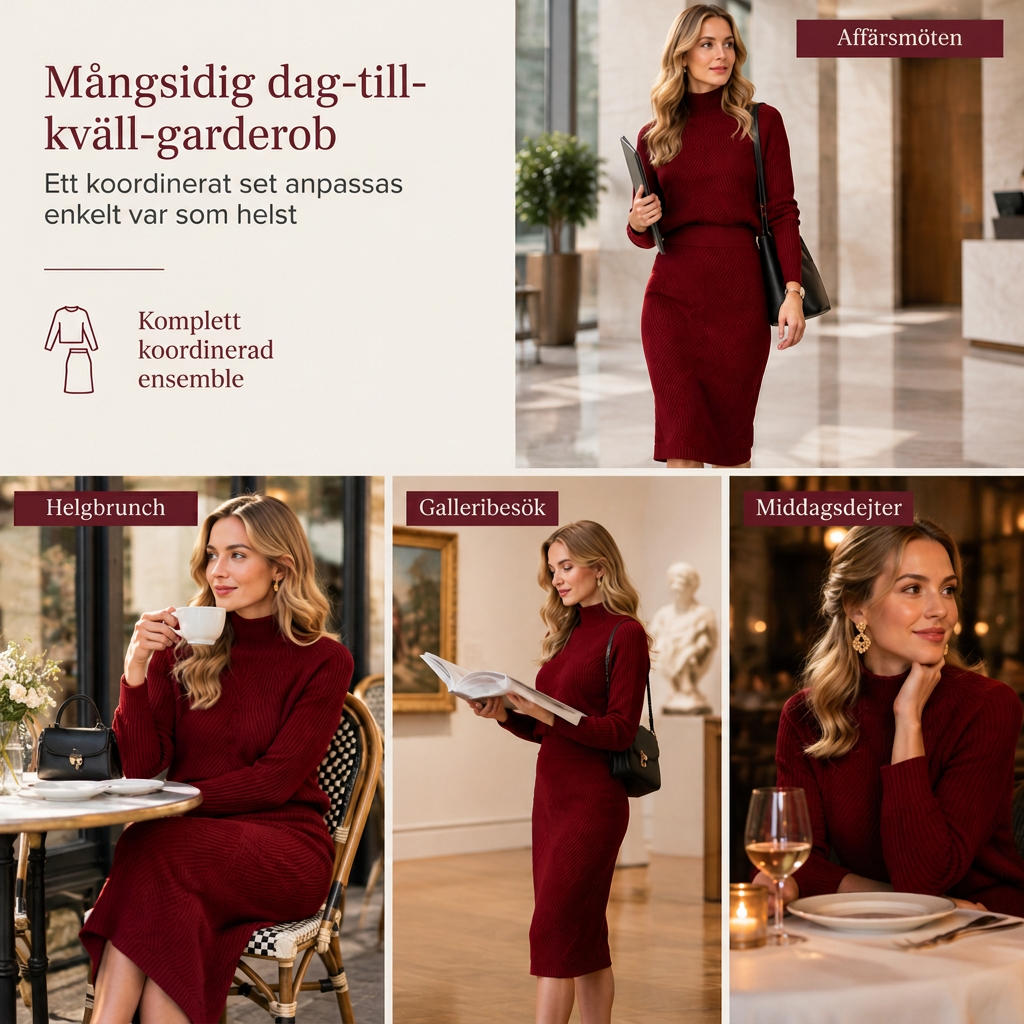 ⏳ Het erbjudande! |Ribbstickat set dam – tröja med hög krage och midikjol