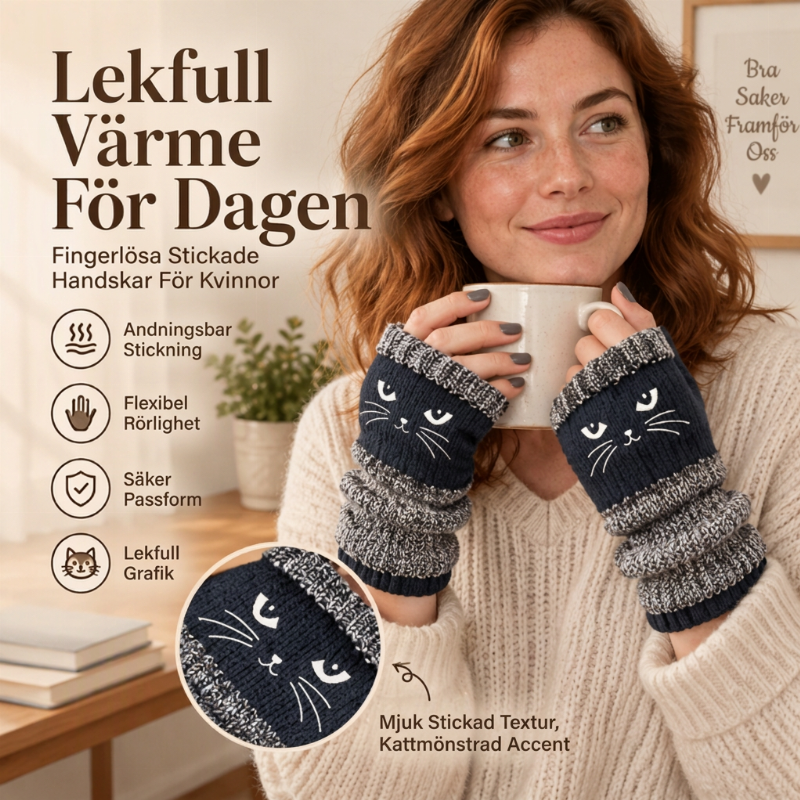 Stickade handledsvärmare med tumhål – katt- och fågelmotiv