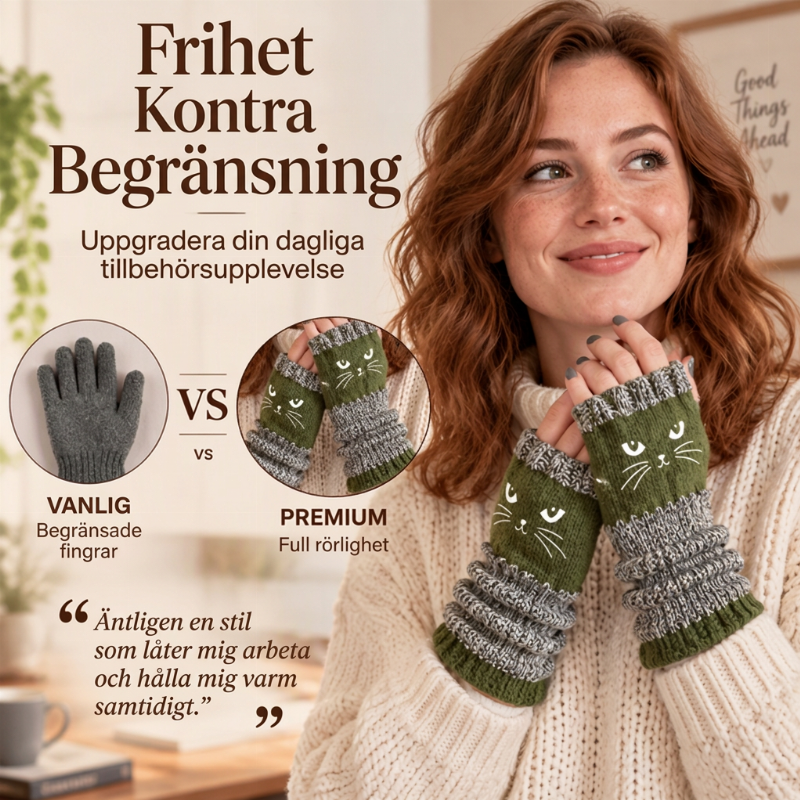 Stickade handledsvärmare med tumhål – katt- och fågelmotiv