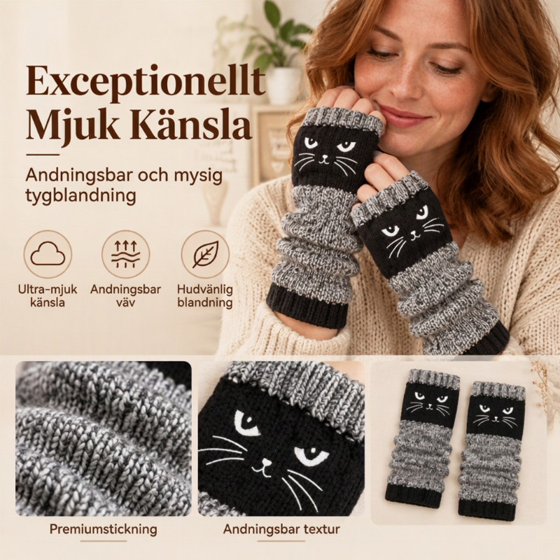 Stickade handledsvärmare med tumhål – katt- och fågelmotiv