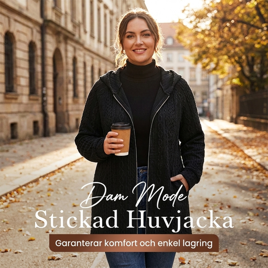 Strukturstickad damkofta med huva, dragkedja och fickor