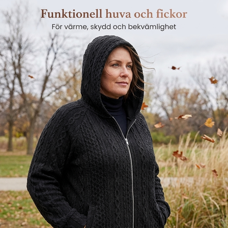 Strukturstickad damkofta med huva, dragkedja och fickor