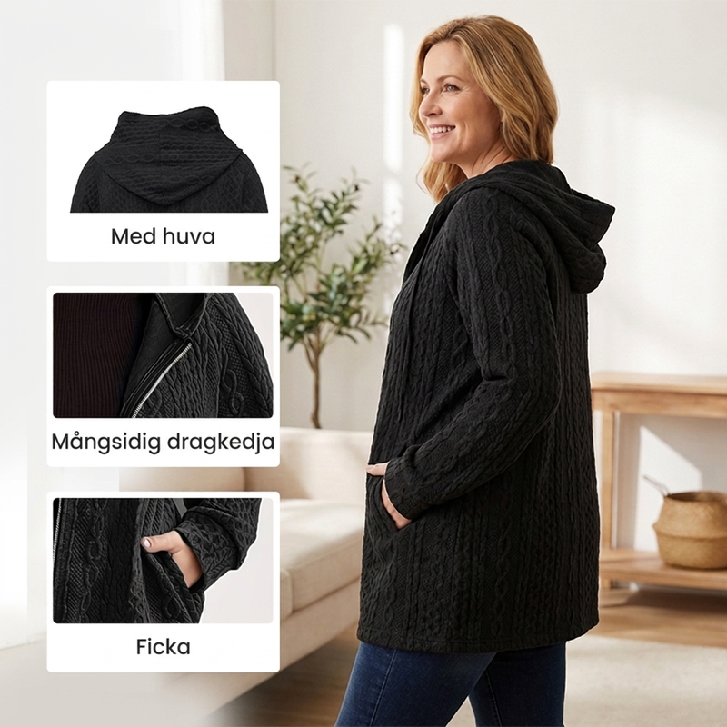 Strukturstickad damkofta med huva, dragkedja och fickor