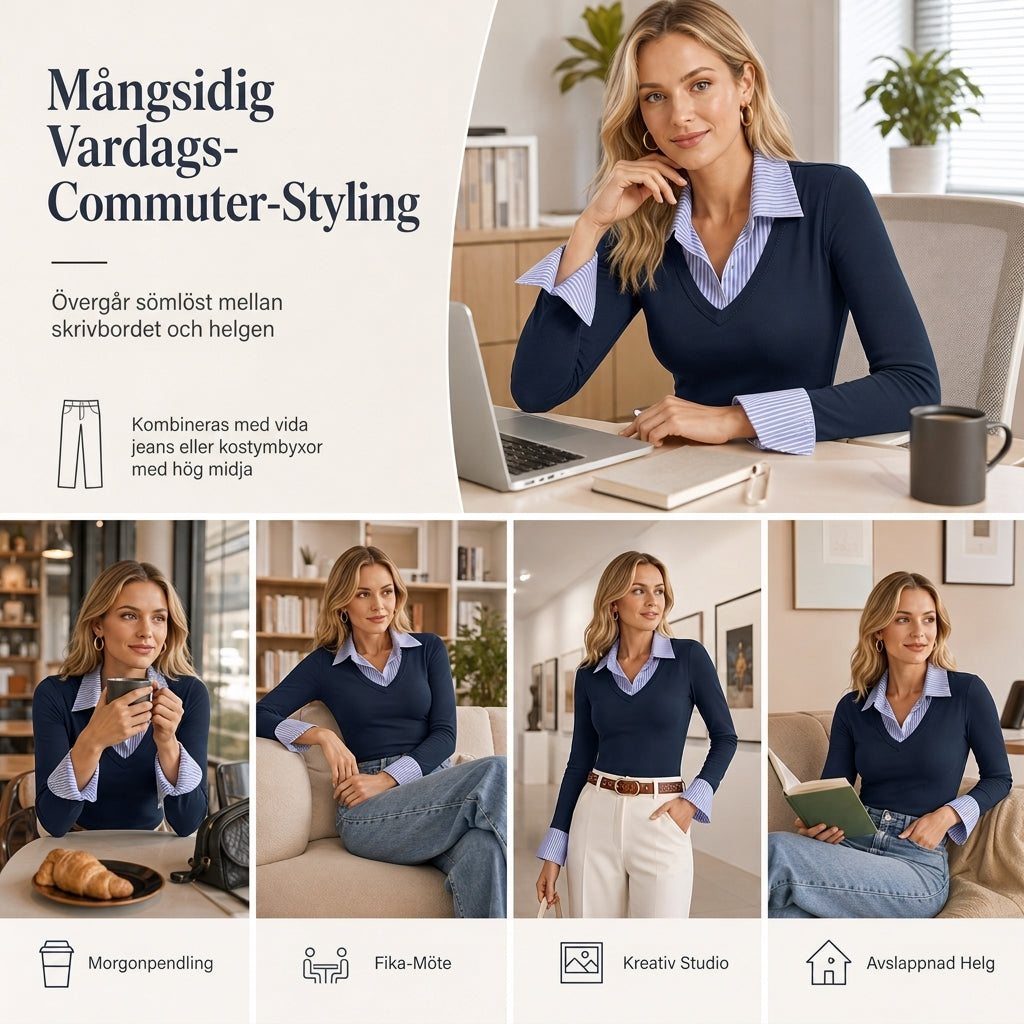 Stickad damtröja med randig skjortkrage och manschetter