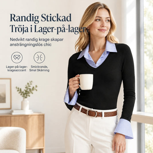 Stickad damtröja med randig skjortkrage och manschetter
