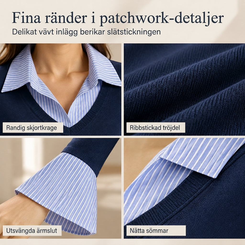 Stickad damtröja med randig skjortkrage och manschetter