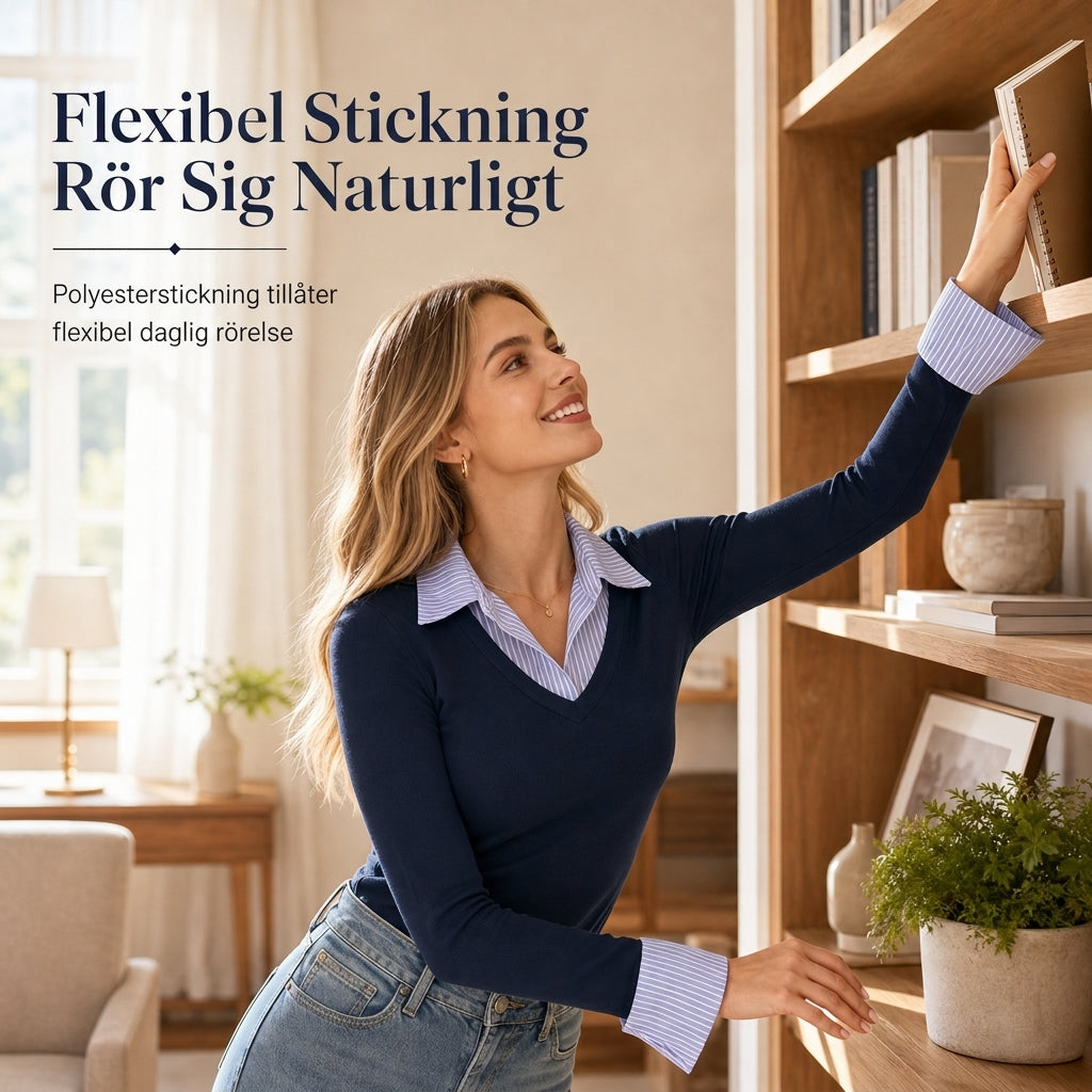 Stickad damtröja med randig skjortkrage och manschetter